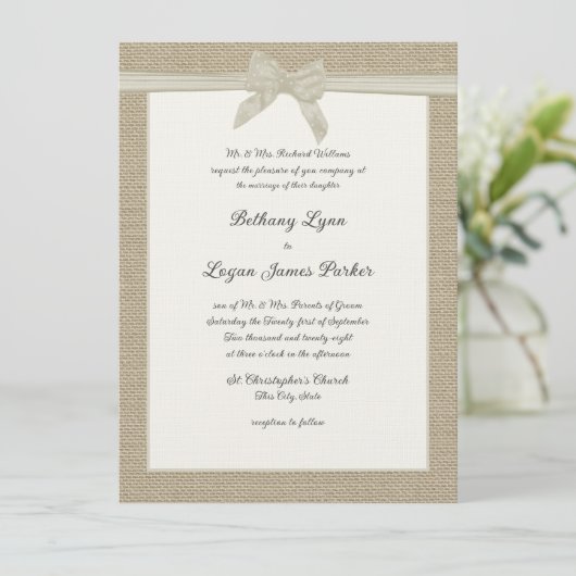 Burlap en Bow Rustic Wedding Kaart (Staand voorkant)