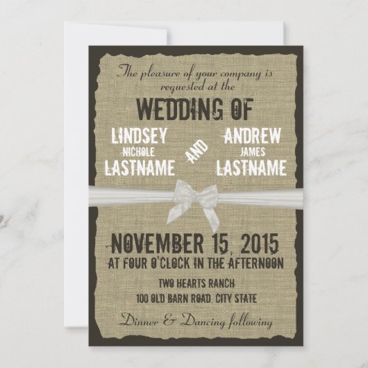 Burlap en Bow Rustic Wedding Kaart (Voorkant)