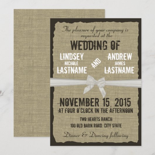 Burlap en Bow Rustic Wedding Kaart (Voorkant / Achterkant)