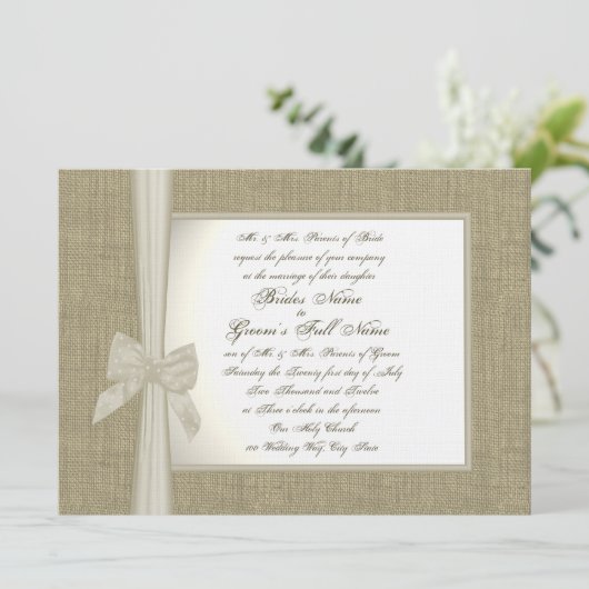Burlap en Bow Rustic Wedding Kaart (Staand voorkant)