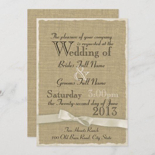 Burlap en Bow rustieke Wedding Lite Kaart (Voorkant / Achterkant)