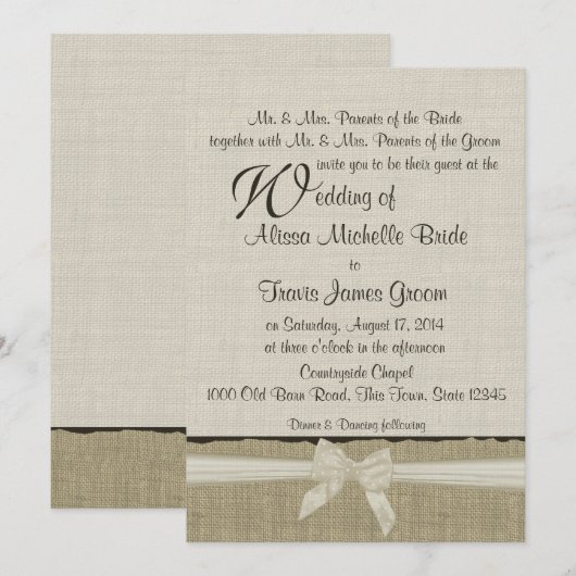 Burlap en Bows Rustic Country Wedding Kaart (Voorkant / Achterkant)