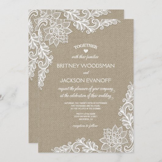 Burlap en Floral Lace bruiloft uitnodigingen (Voorkant / Achterkant)