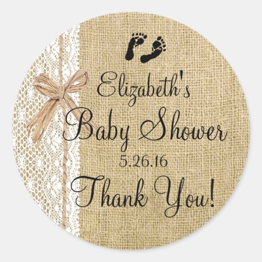 Burlap en Kant Afbeelding Baby shower-Favor Ronde Sticker (Voorkant)