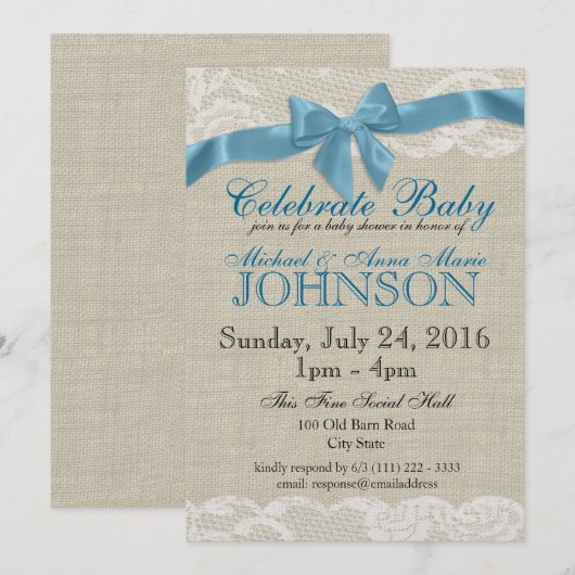 Burlap en kant blauw Baby shower Kaart (Voorkant / Achterkant)