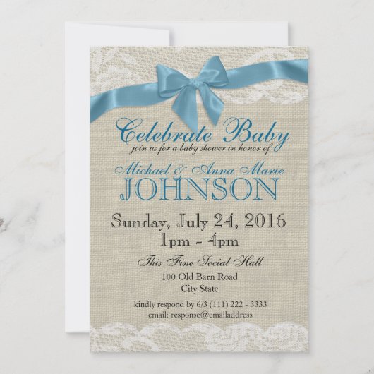 Burlap en kant blauw Baby shower Kaart (Voorkant)