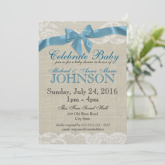 Burlap en kant blauw Baby shower Kaart (Staand voorkant)