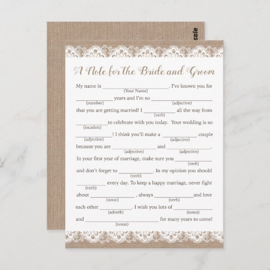 Burlap en kant bruiloft advies Kaarten, rustiek Briefkaart (Voorkant / Achterkant)