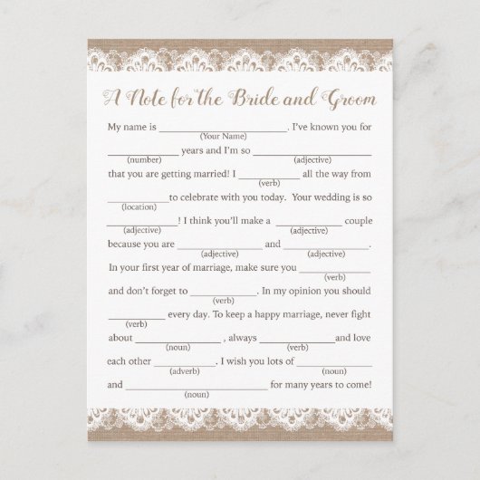 Burlap en kant bruiloft advies Kaarten, rustiek Briefkaart (Voorkant)