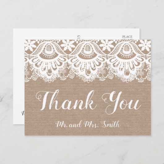 Burlap en kant bruiloft dank u Briefkaarten rustie (Voorkant / Achterkant)