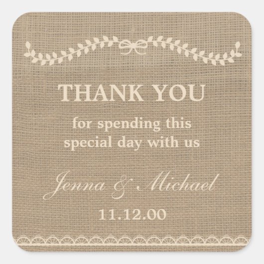 Burlap en Kant bruiloft dank u gunst sticker (Voorkant)
