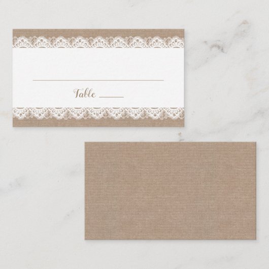 Burlap en Kant Bruiloft Flat Place Card, Rustiek Plaatskaartje (Voorkant / Achterkant)