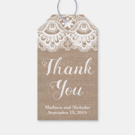 Burlap en kant bruiloft gunst cadeau Labels, rusti Cadeaulabel