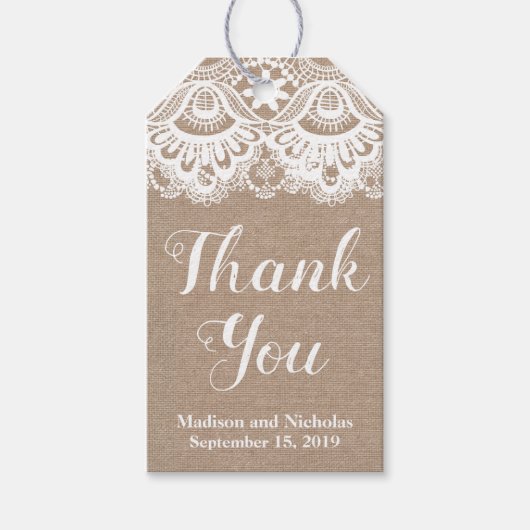 Burlap en kant bruiloft gunst cadeau Labels, rusti Cadeaulabel (Voorkant)