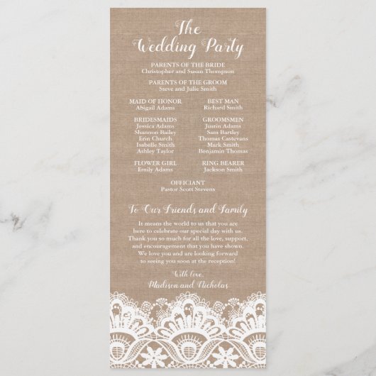 Burlap en kant bruiloft programma Kaarten, rustiek Programmakaart (Achterkant)