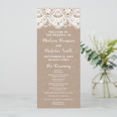 Burlap en kant bruiloft programma Kaarten, rustiek Programmakaart (Staand voorkant)