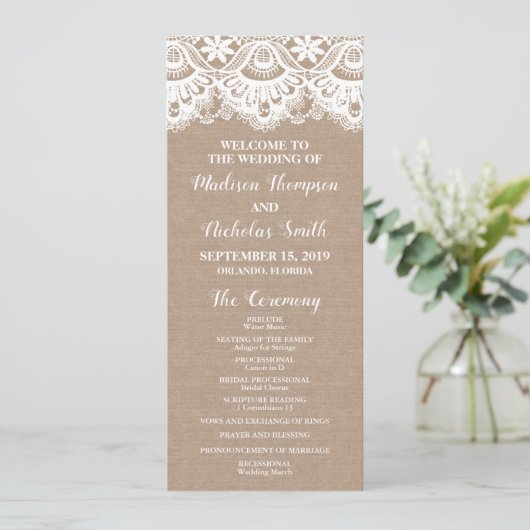 Burlap en kant bruiloft programma Kaarten, rustiek Programmakaart (Staand voorkant)