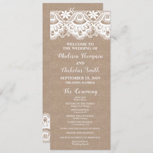 Burlap en kant bruiloft programma Kaarten, rustiek Programmakaart (Voorkant / Achterkant)