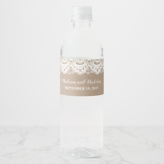 Burlap en Kant Bruiloft Water Fles Labels Rustiek Waterfles Etiket (Voorkant)