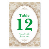 Burlap en kant en groene tafel nummer kaart (Voorkant)