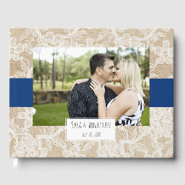 Burlap en Kant Marine Blauw Foto Bruiloft Gastenboek
