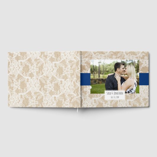 Burlap en Kant Marine Blauw Foto Bruiloft Gastenboek (Volledig)