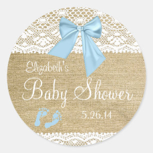 Burlap en kant met Blue Bow Baby shower-Favor Ronde Sticker
