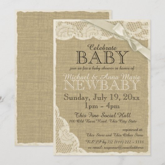 Burlap en Kant met Bow Baby shower Kaart (Voorkant / Achterkant)