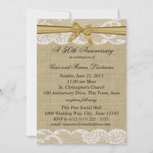 Burlap en kant met Gold Bow 50th Jubileum Kaart (Voorkant)
