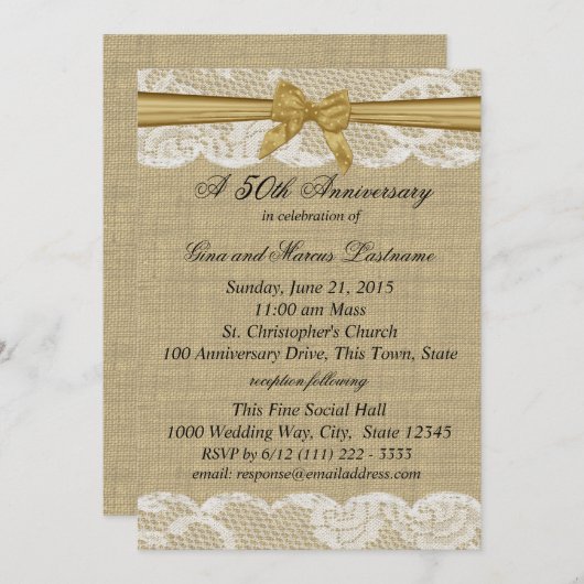 Burlap en kant met Gold Bow 50th Jubileum Kaart (Voorkant / Achterkant)