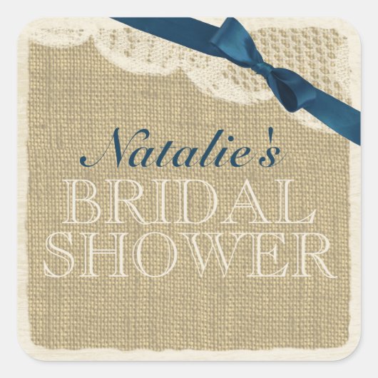  Burlap en Kant met Navy Blue Bow Vierkante Sticker (Voorkant)