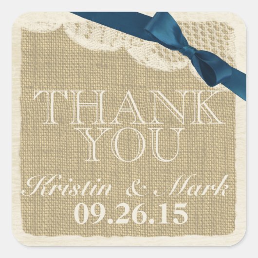  Burlap en Kant met Navy Blue Bow Vierkante Sticker (Voorkant)