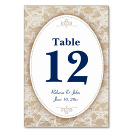Burlap en Kant met Navy Blue Number Kaart