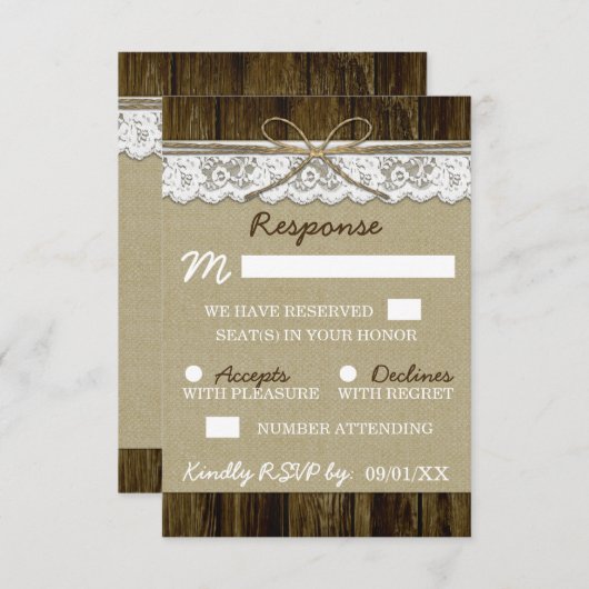 Burlap en kant met Twine Wedding RSVP-Kaarten RSVP Kaartje (Voorkant / Achterkant)