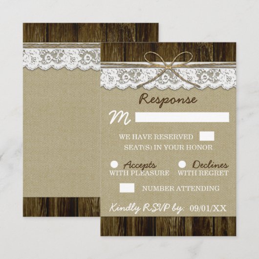 Burlap en kant met Twine Wedding RSVP-Kaarten RSVP Kaartje (Voorkant / Achterkant)