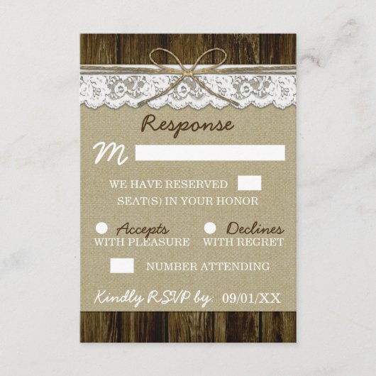 Burlap en kant met Twine Wedding RSVP-Kaarten RSVP Kaartje (Voorkant)