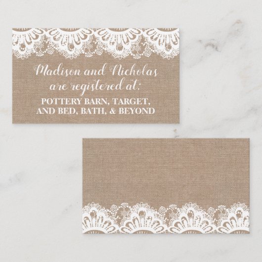 Burlap en Kant Registry Insert Kaarten, rustiek Visitekaartje (Voorkant / Achterkant)