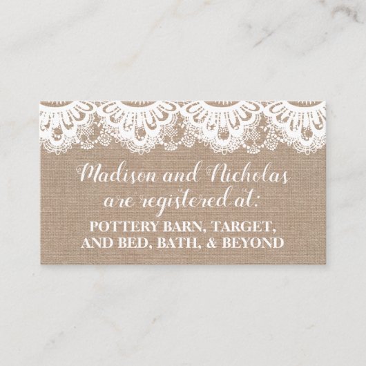 Burlap en Kant Registry Insert Kaarten, rustiek Visitekaartje (Voorkant)