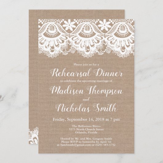 Burlap en Kant repetitie diner uitnodigingen (Voorkant / Achterkant)