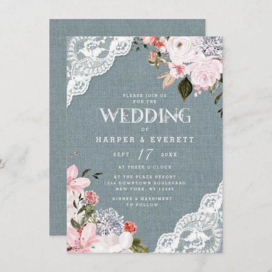 Burlap en Kant Rustiek Stoffig Blauw Bloemen Bruil Kaart (Voorkant / Achterkant)