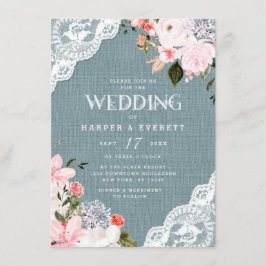 Burlap en Kant Rustiek Stoffig Blauw Bloemen Bruil Kaart