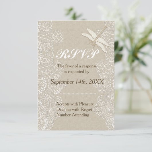 Burlap en kant rustieke bruiloft RSVP (Staand voorkant)