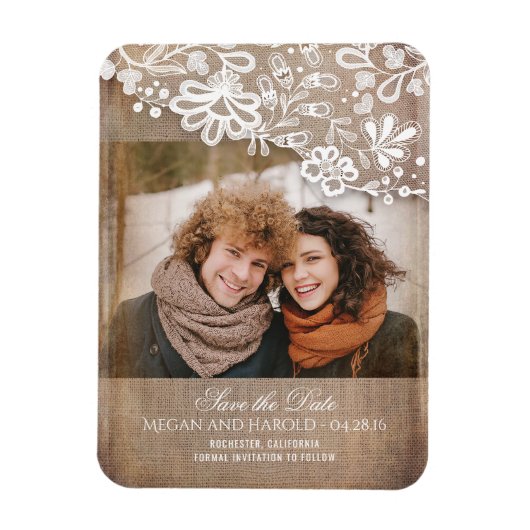 Burlap en kant rustieke foto Save the Date Magneet (Verticaal)