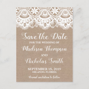 Burlap en kant Save the Date Briefkaarten, rustiek Briefkaart