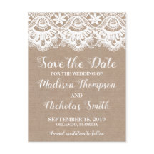 Burlap en kant Save the Date Briefkaarten, rustiek