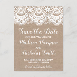 Burlap en kant Save the Date Briefkaarten, rustiek Briefkaart