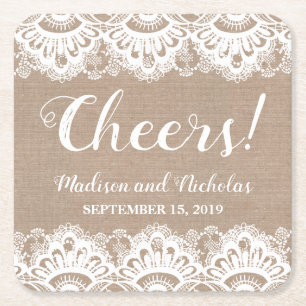 Burlap en Kant Trouwpapier Onderzetters, Rustiek Kartonnen Onderzetters