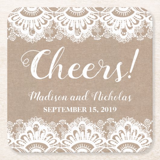 Burlap en Kant Trouwpapier Onderzetters, Rustiek Kartonnen Onderzetters (Voorkant)