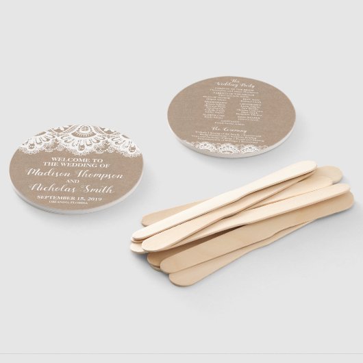 Burlap en Kant Trouwprogramma Circle Fan, Rustiek Handwaaier (Niet-gemonteerd)