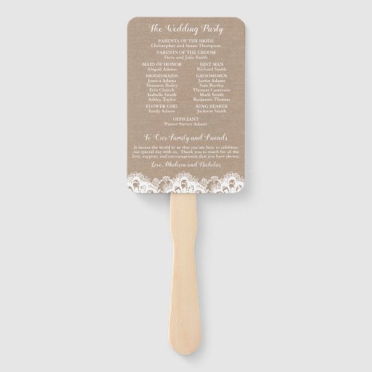 Burlap en Kant Trouwprogramma Fans, Rustiek Handwaaier (Achterkant)